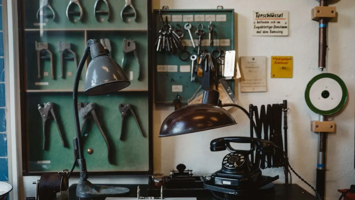 Alter Schreibtisch mit schwarzem Wählscheibentelefon und Schreibtischlampen, an der Wand hängen Zangen und Schlüssel