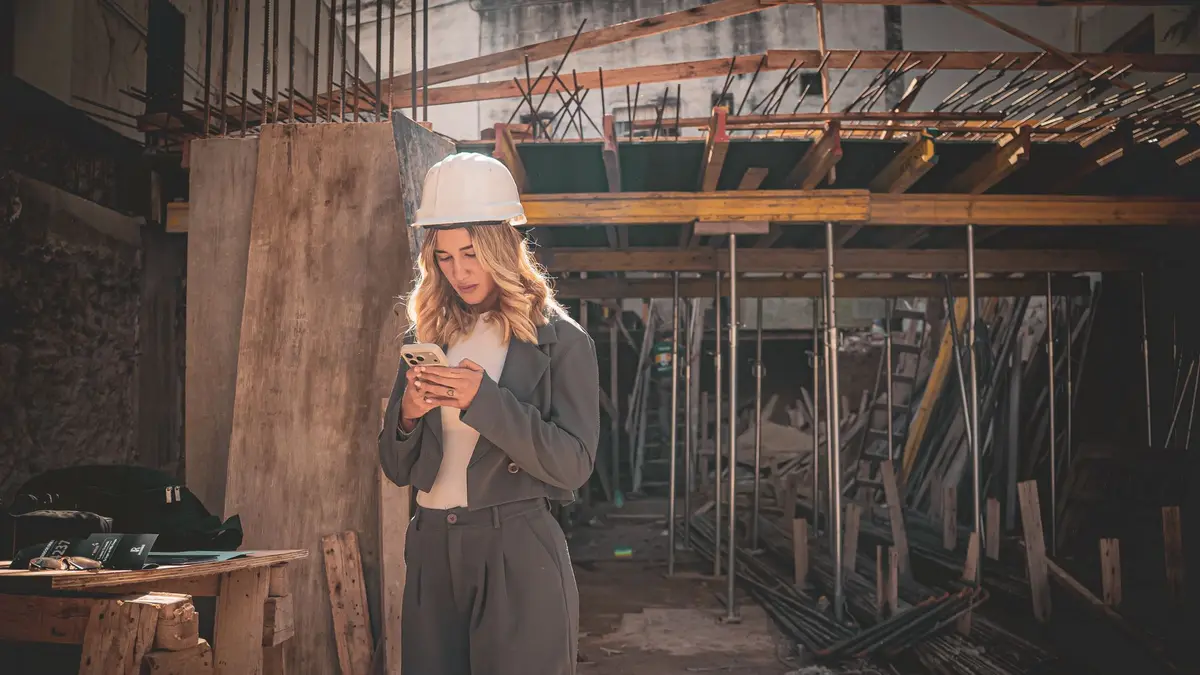 Frau mit Schutzhelm schaut auf einer Baustelle im Rohbau auf ihr Smartphone