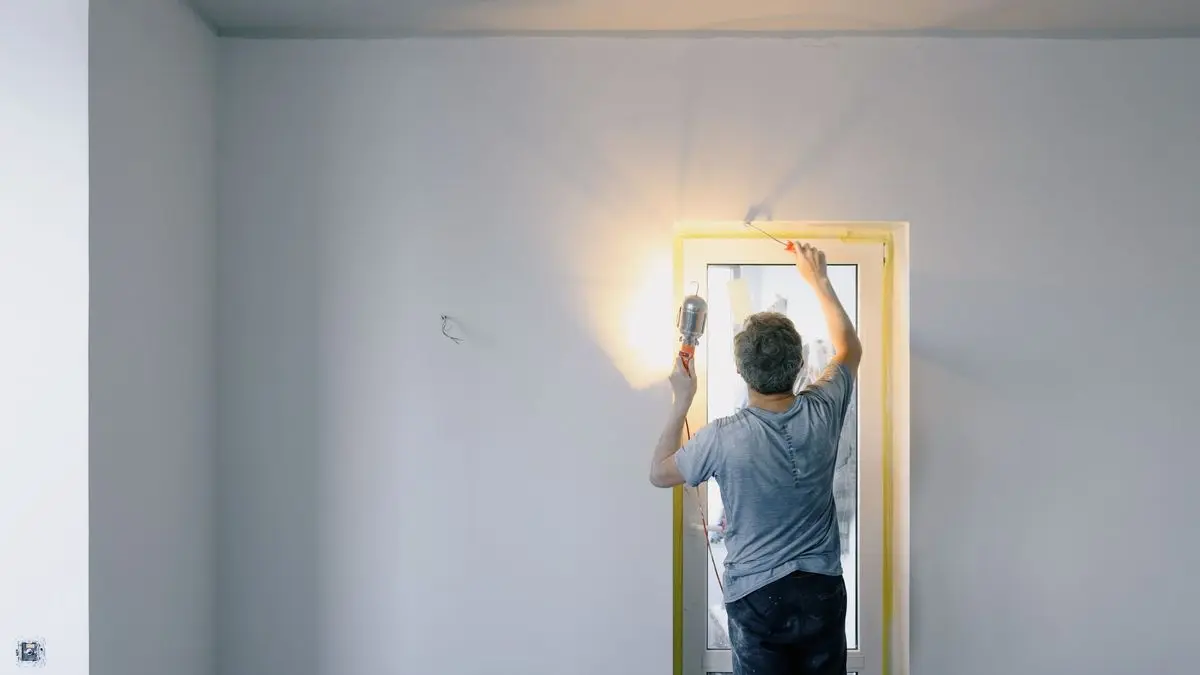 Handwerker von hinten beim Renovieren eines Zimmers: Mit einer Arbeitsleuchte in der Hand bearbeitet er die Laibung über einer Balkontür