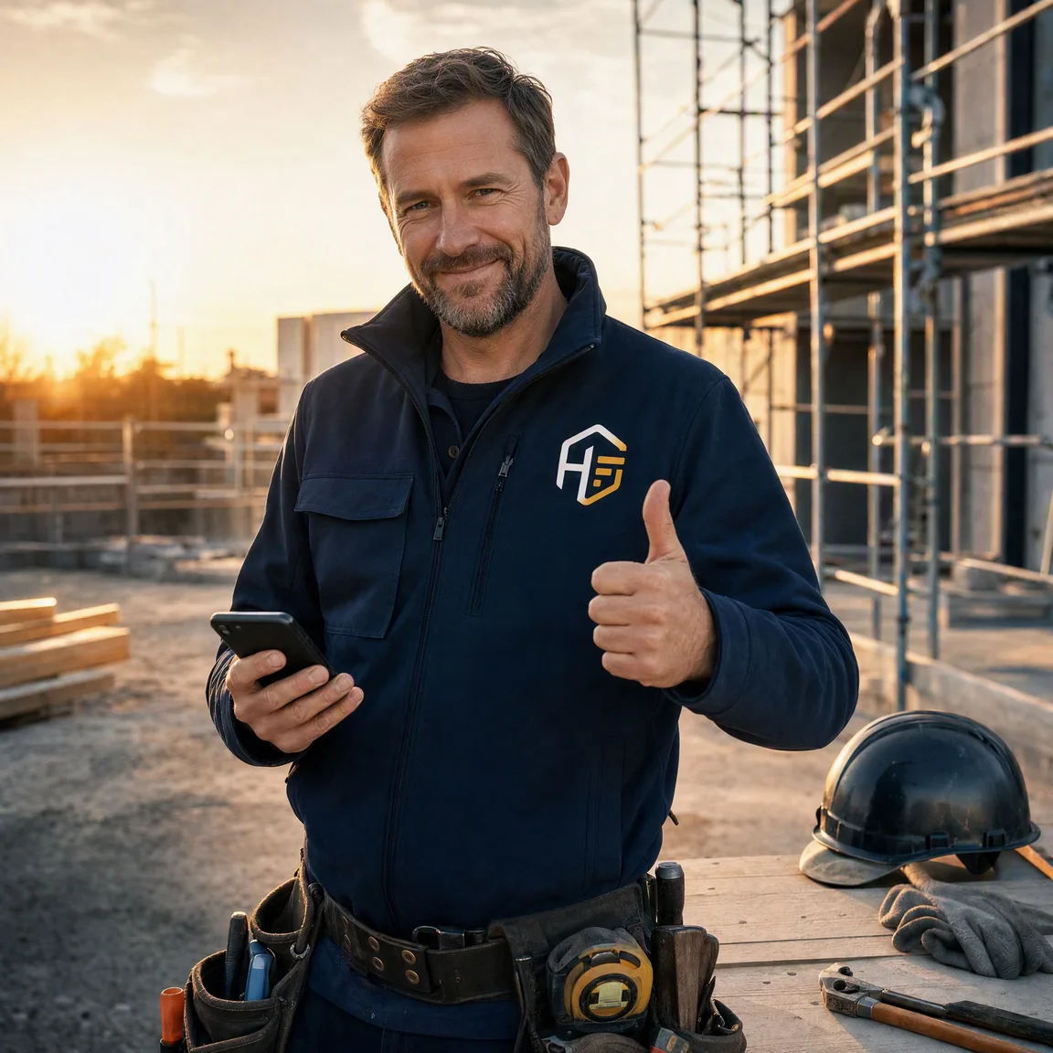 Handwerker in HandwerkOS-Kleidung hält sein Handy in die Kamera und zeigt Daumen hoch