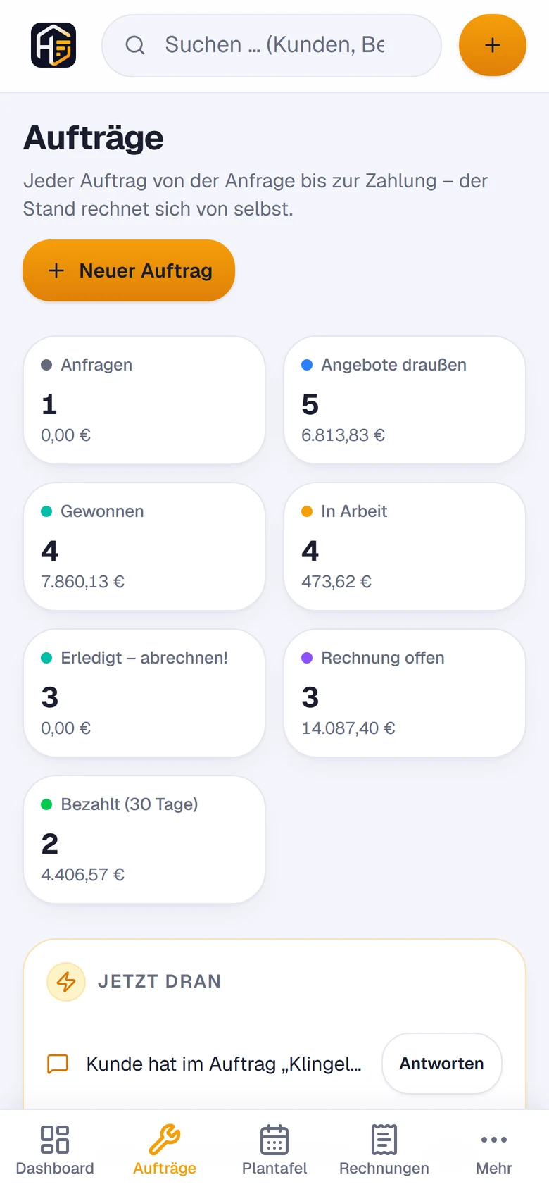 HandwerkOS am Handy: Auftragsliste mit Phase je Auftrag und der Liste „Jetzt dran“