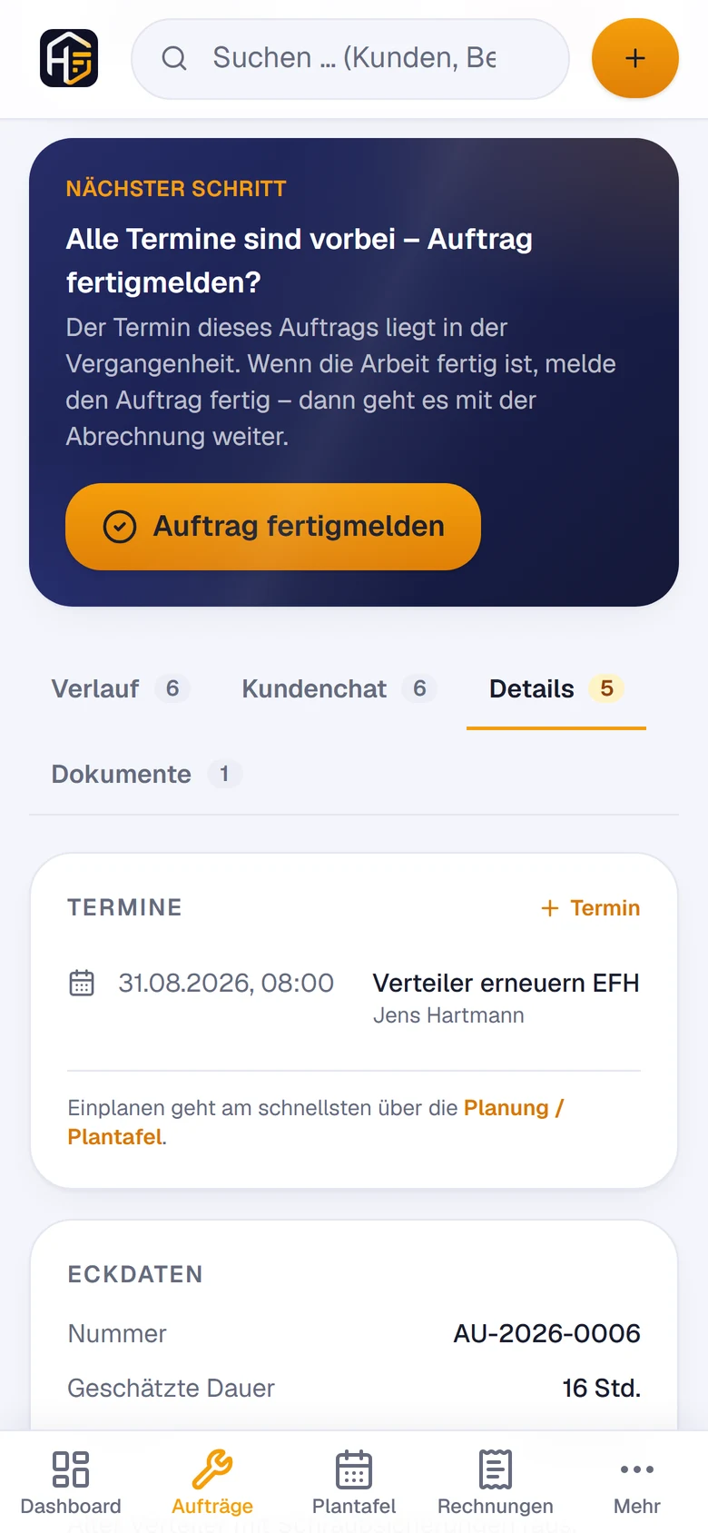 HandwerkOS am Handy: Auftragsmappe mit nächstem Schritt, Checkliste und Material