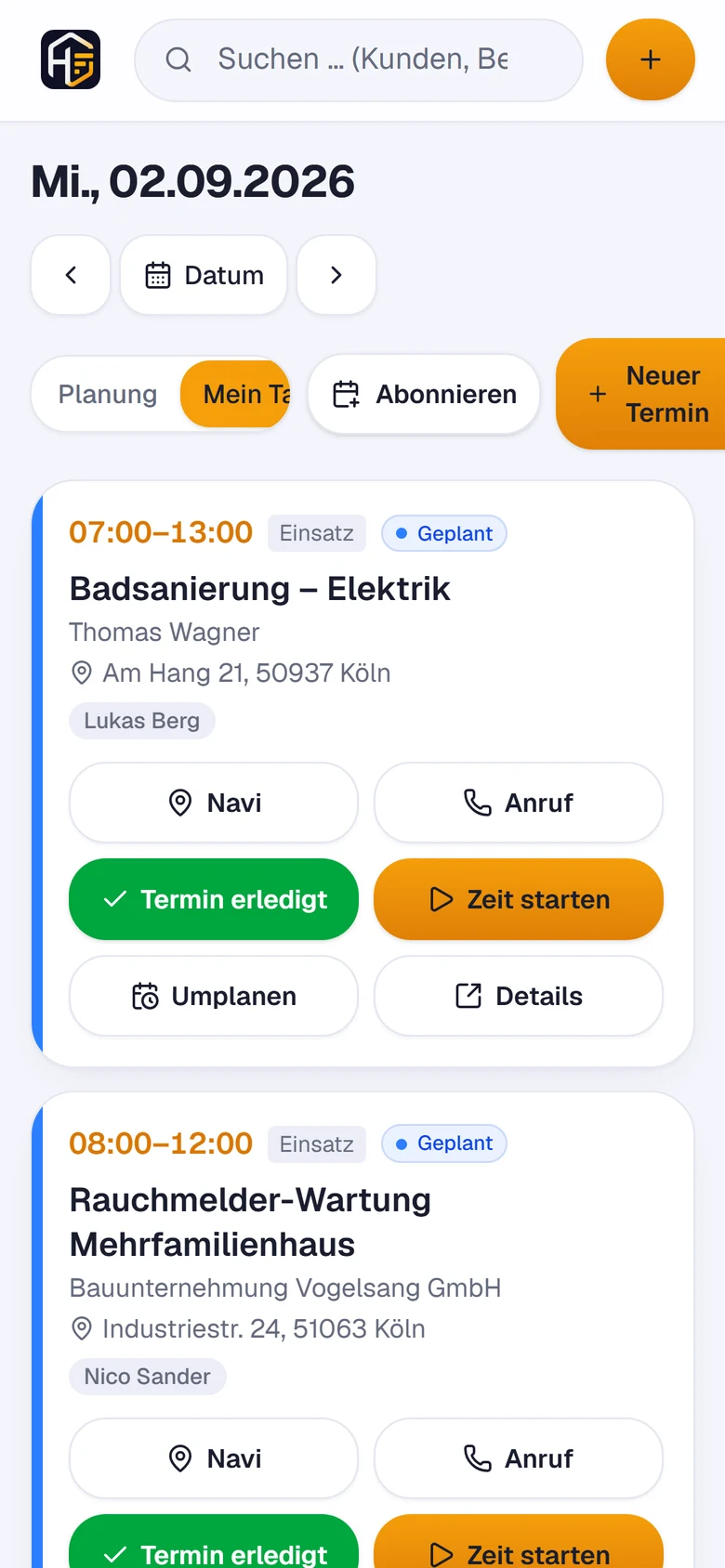 HandwerkOS am Handy: „Mein Tag“ mit den Terminen des Tages, Navi, Anruf und Zeit starten