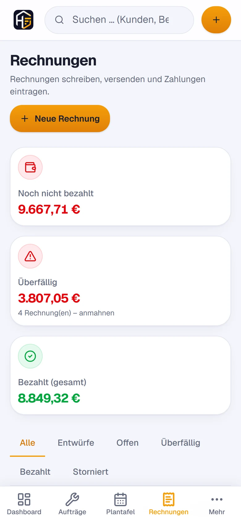 HandwerkOS am Handy: Rechnungsliste mit Status und offenen Beträgen