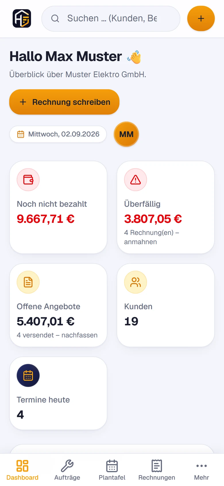 HandwerkOS am Handy: Übersicht mit offenen Posten, überfälligen Rechnungen und Terminen