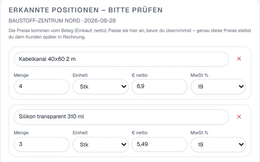 HandwerkOS liest einen fotografierten Kassenbon aus: erkannte Positionen mit Menge und Preis zur Kontrolle