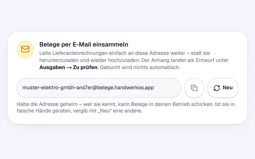 Einstellungen in HandwerkOS: die eigene Belege-Mailadresse des Betriebs mit Kopieren-Knopf