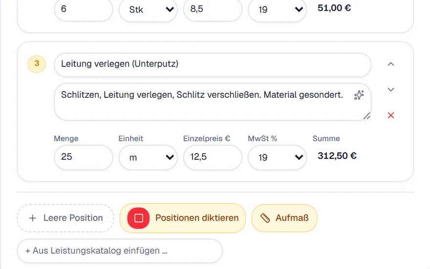 Beleg-Editor in HandwerkOS: eine Position mit Beschreibung, Menge, Einheit, Einzelpreis, Mehrwertsteuersatz und Zeilensumme