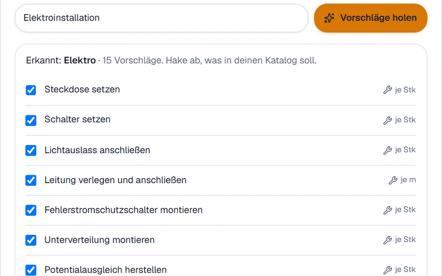HandwerkOS schlägt für ein eingetipptes Gewerk 15 Katalogpositionen zum Abhaken vor