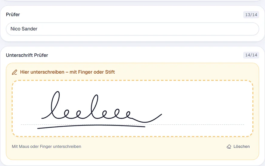 Digitales Formular in HandwerkOS mit Unterschriftenfeld: der Kunde unterschreibt mit Finger oder Stift