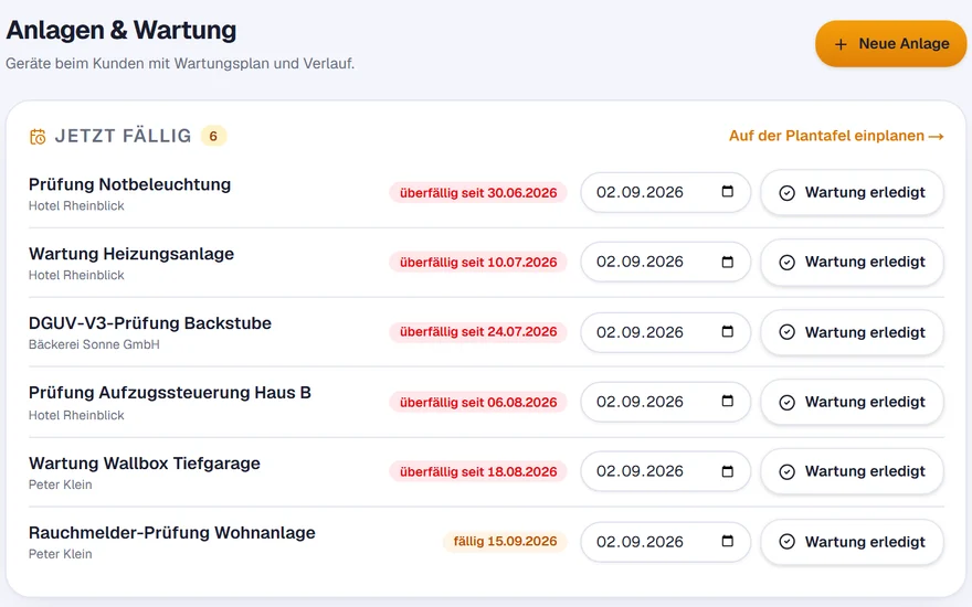 Liste „Anlagen & Wartung“ in HandwerkOS mit fälligen und überfälligen Wartungen je Kunde und dem Knopf „Wartung erledigt“